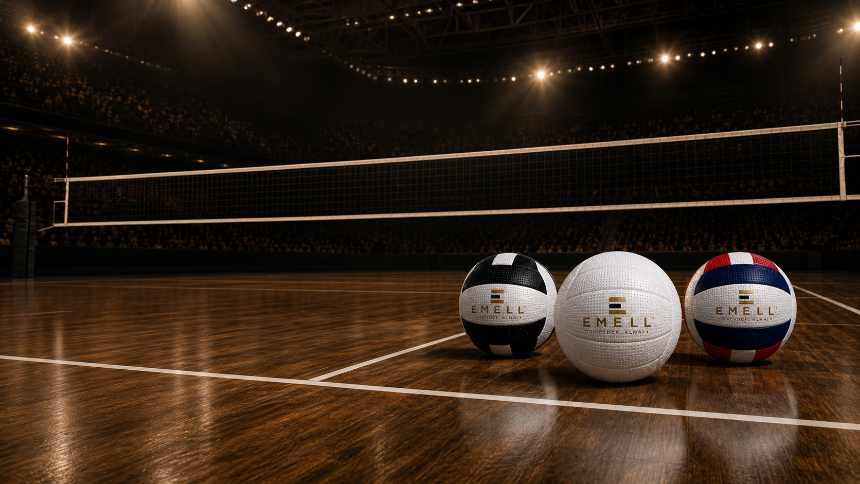 The EMELL Iconic, Whiteout and USA volleyballs on a tournament court beneath the net